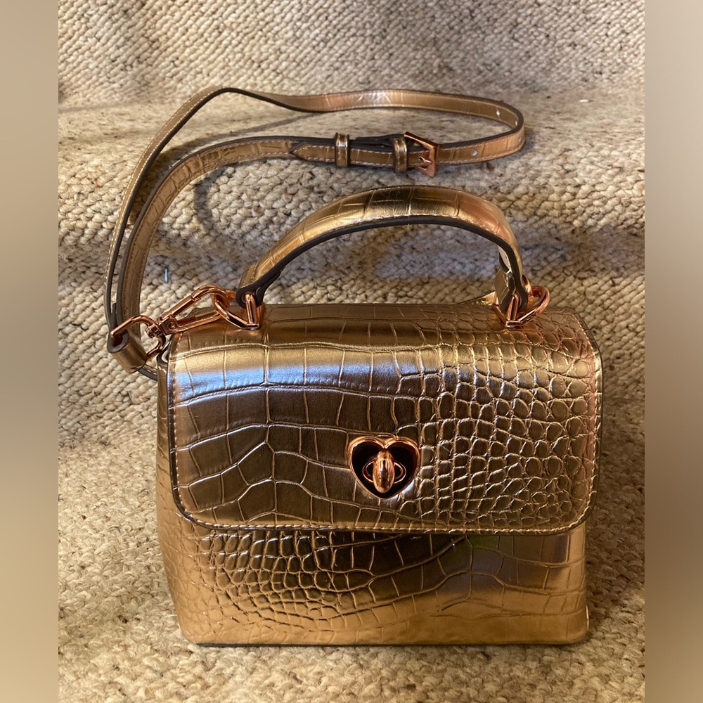Sondra Roberts Metallic Rose Gold Faux Crocodile Crossbody Bag